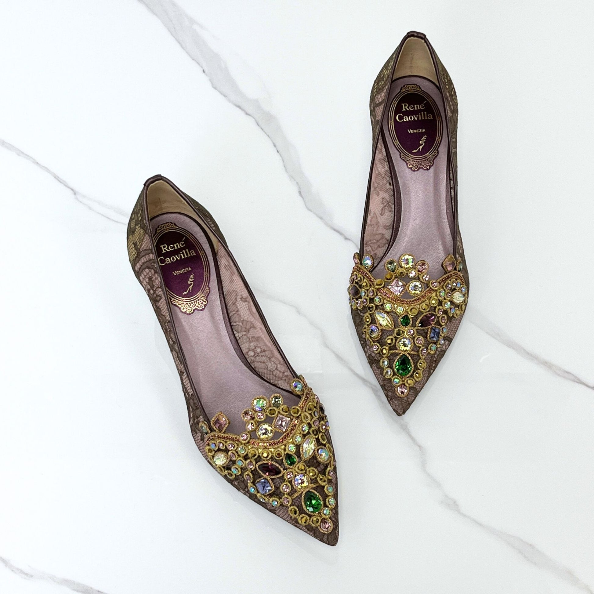 Rene Caovilla Crystal Embroidered Silk Slingback Pumps - Lafayette Consignment