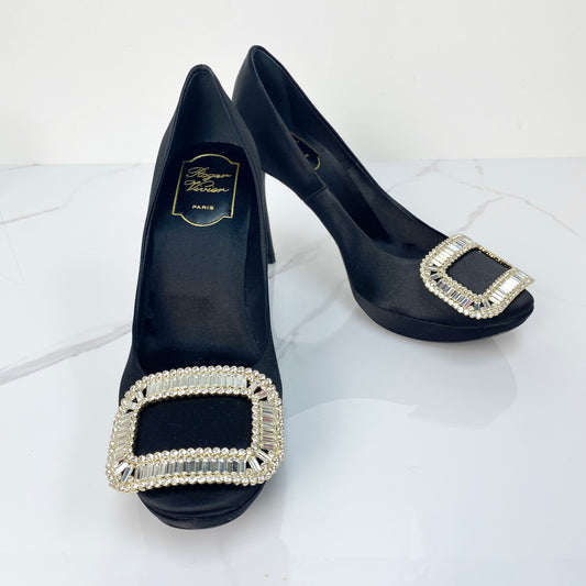 Roger Vivier Crystal Embellished Satin Platform Pumps - Size 37 - Lafayette Consignment