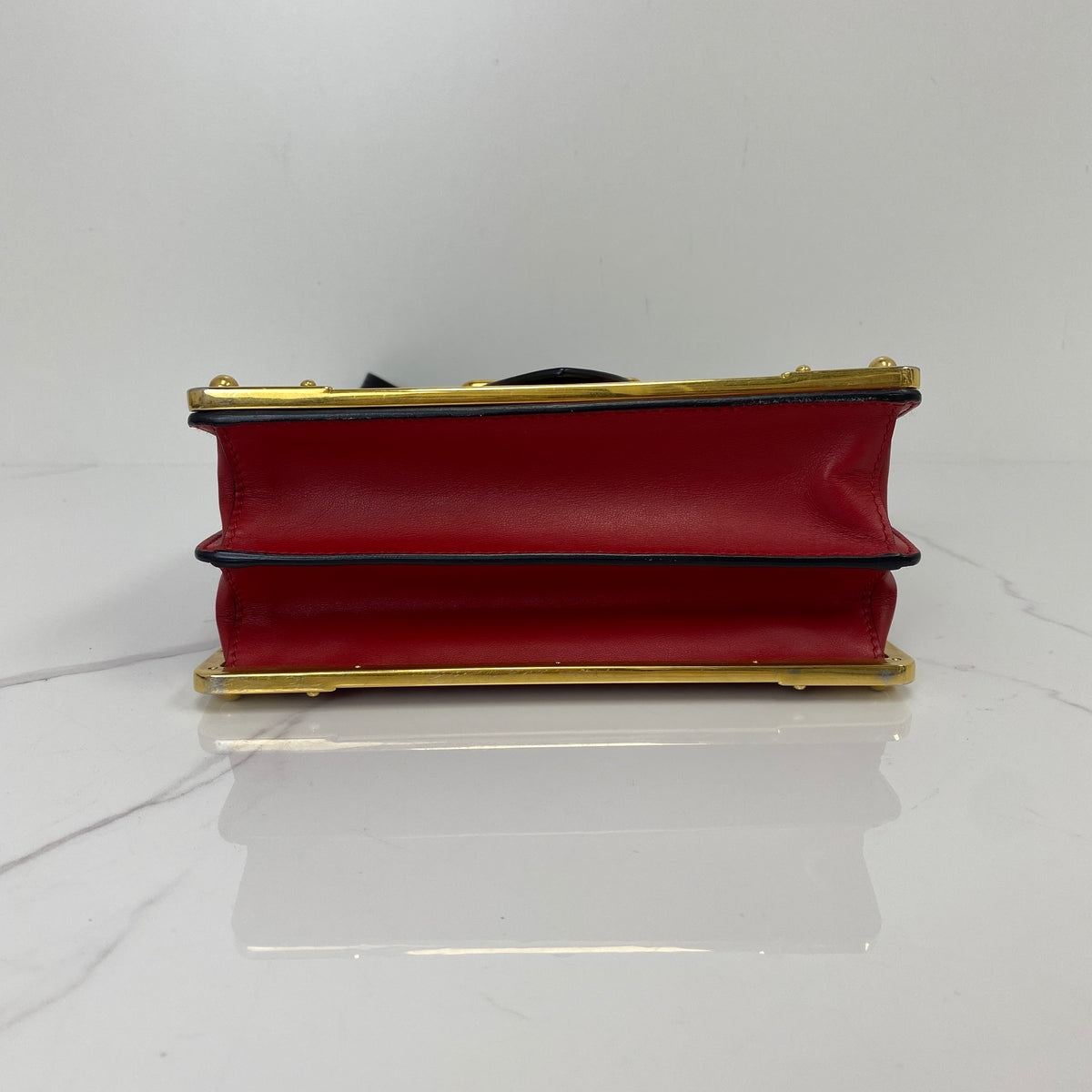 Prada Cahier Leather Bag, Black/Red Calfskin/Saffinano, Gold Tone hardware — bottom view
