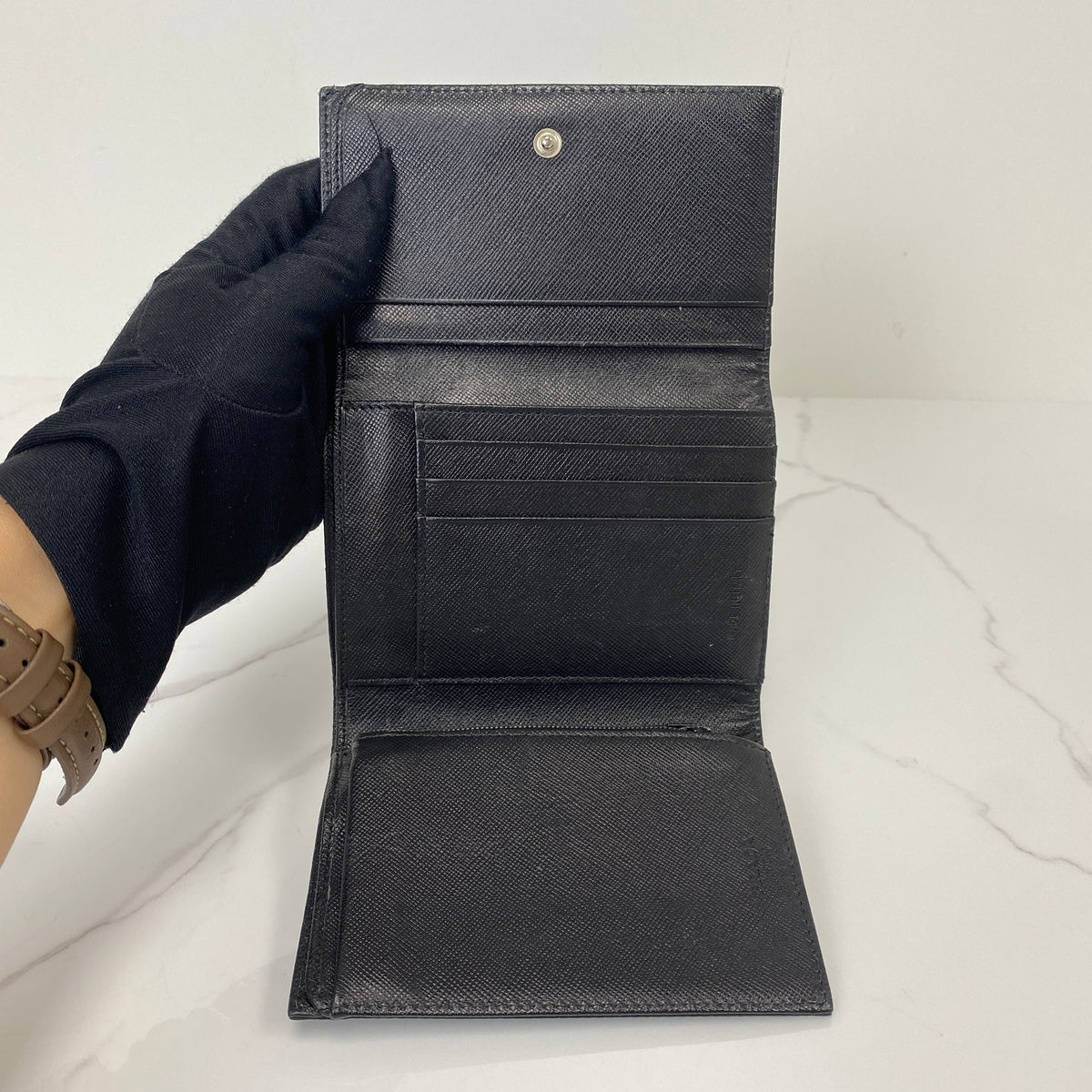 Prada Tessuto Compact Wallet, black Tessuto nylon, silver-tone triangle logo — detail view 5