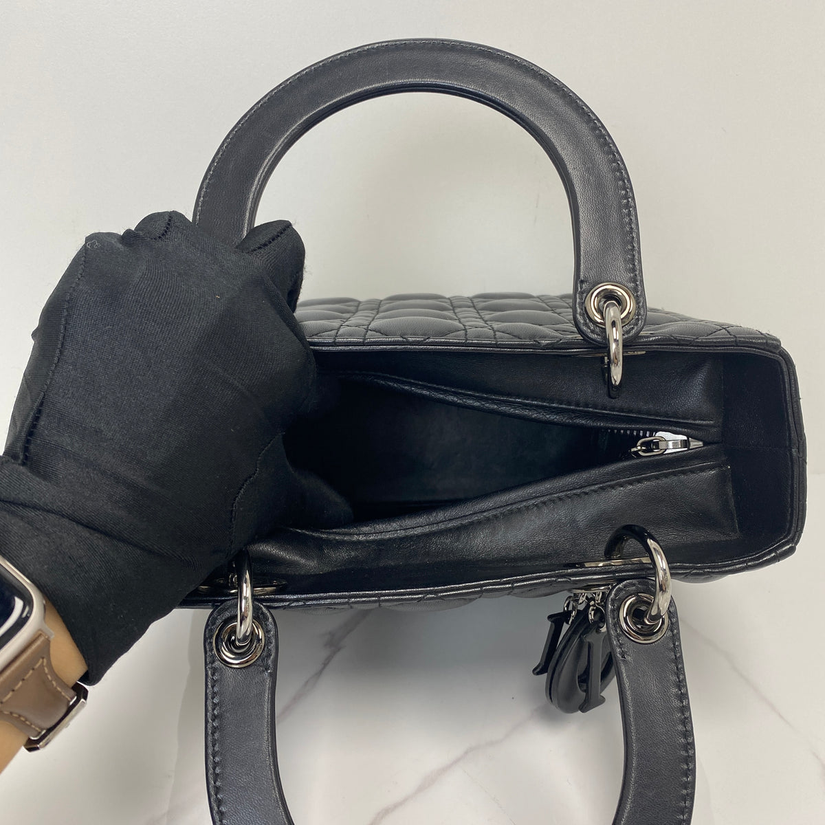 Christian Dior Medium Lady Dior, black Cannage lambskin, So Black hardware — detail view 5