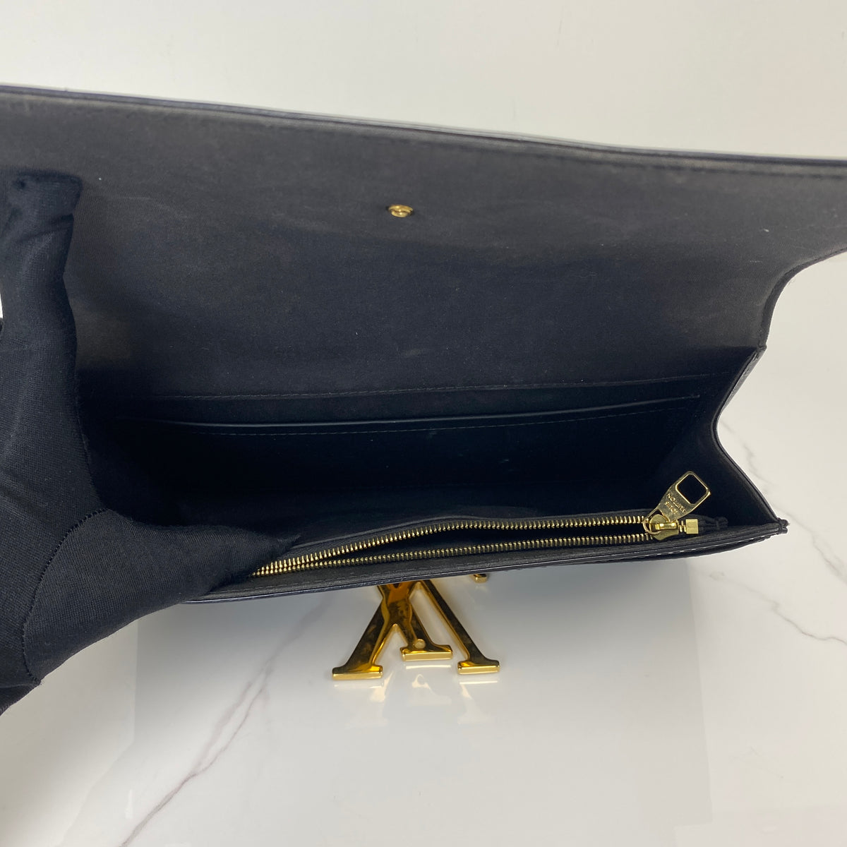 Louis Vuitton Louise Patent Leather Clutch Bag, black patent leather, gold-tone LV clasp — detail view 5