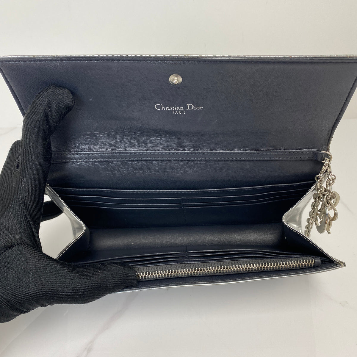 Christian Dior Micro Cannage Croisiere Wallet on Chain, metallic silver calfskin, silver-tone hardware — detail view 5