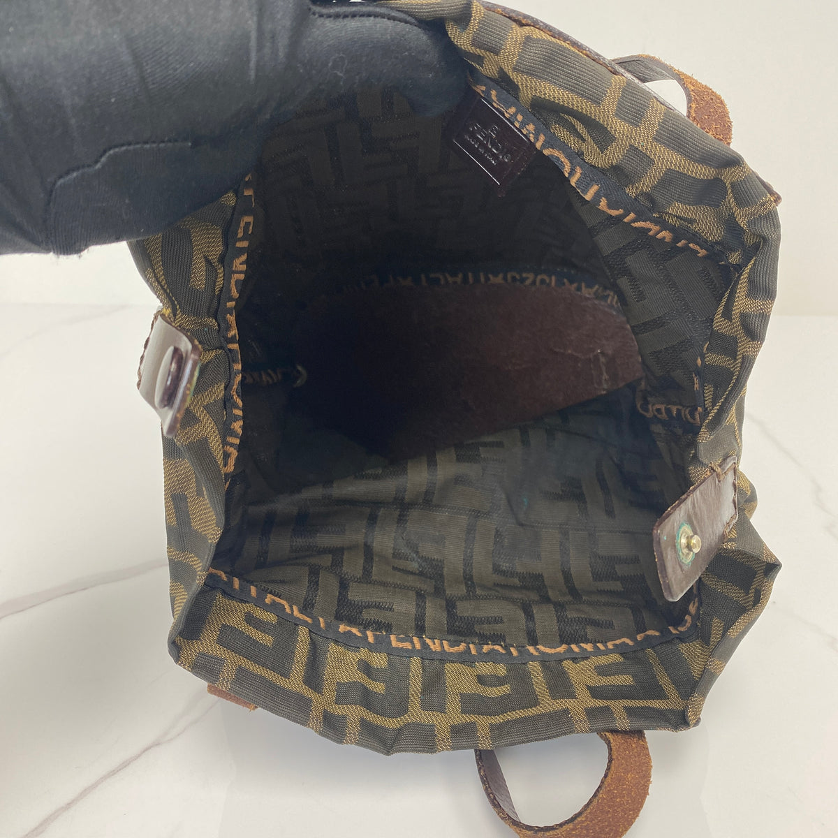 Fendi Zucca FF Vintage Bucket Bag, brown Zucca FF canvas, silver-tone hardware — detail view 5