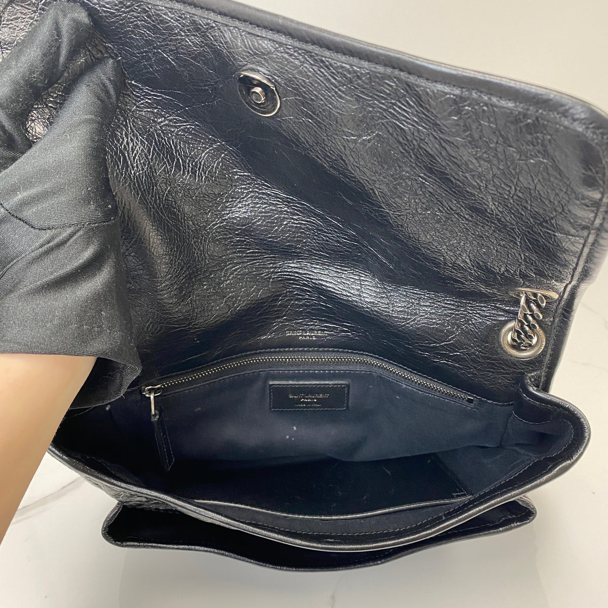 Saint Laurent Medium Niki Black Crinkled Calfskin, Black Crinkled Calfskin, Antique Silver Tone — detail view 5