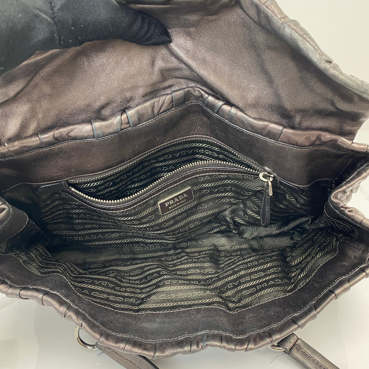 Prada Nappa Leather Shoulder Bag Grey, Grey Nappa Leather, Silver Tone — detail view 5