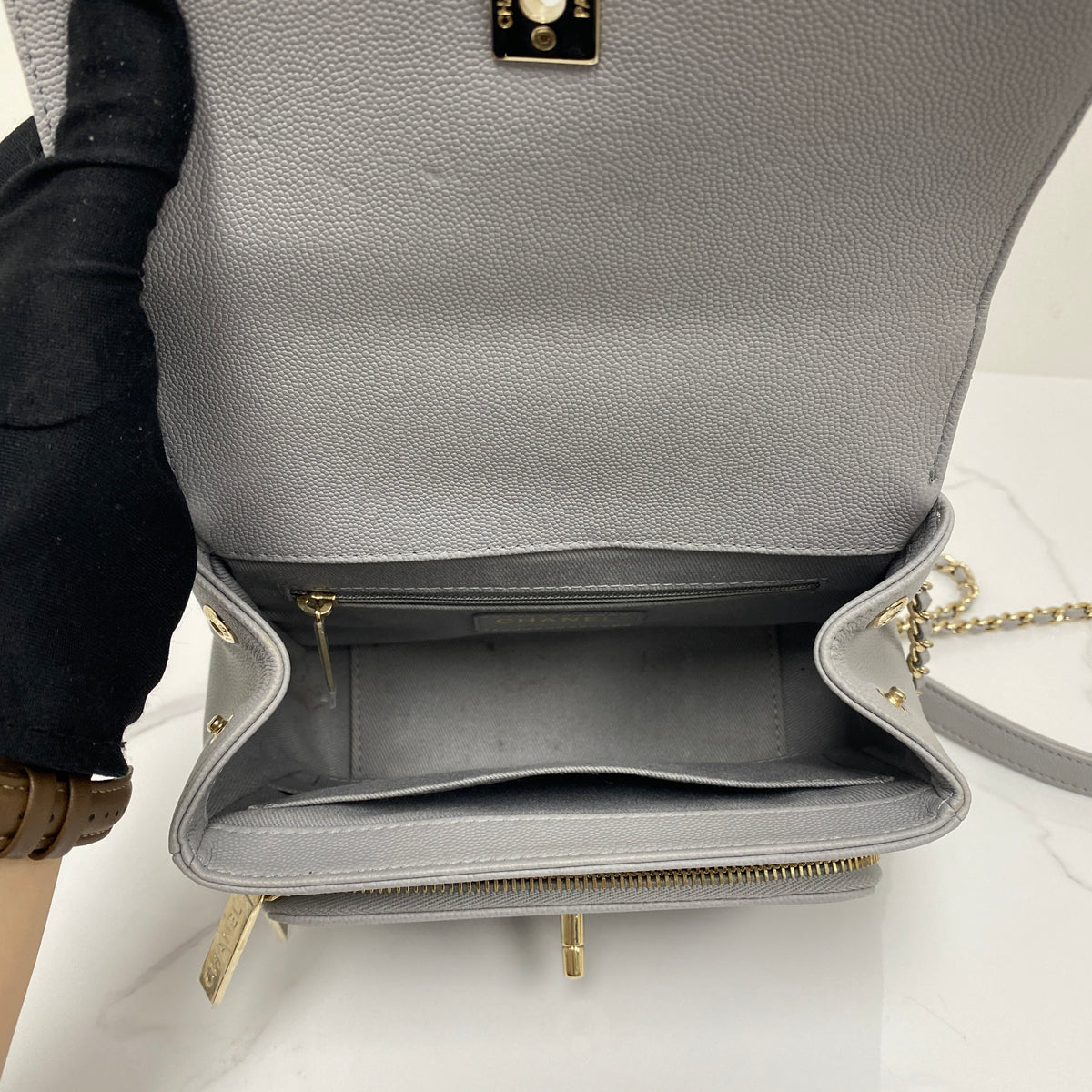 Chanel Small Business Affinity Top Handle, grey grained calfskin, gold-tone hardware — detail view 5