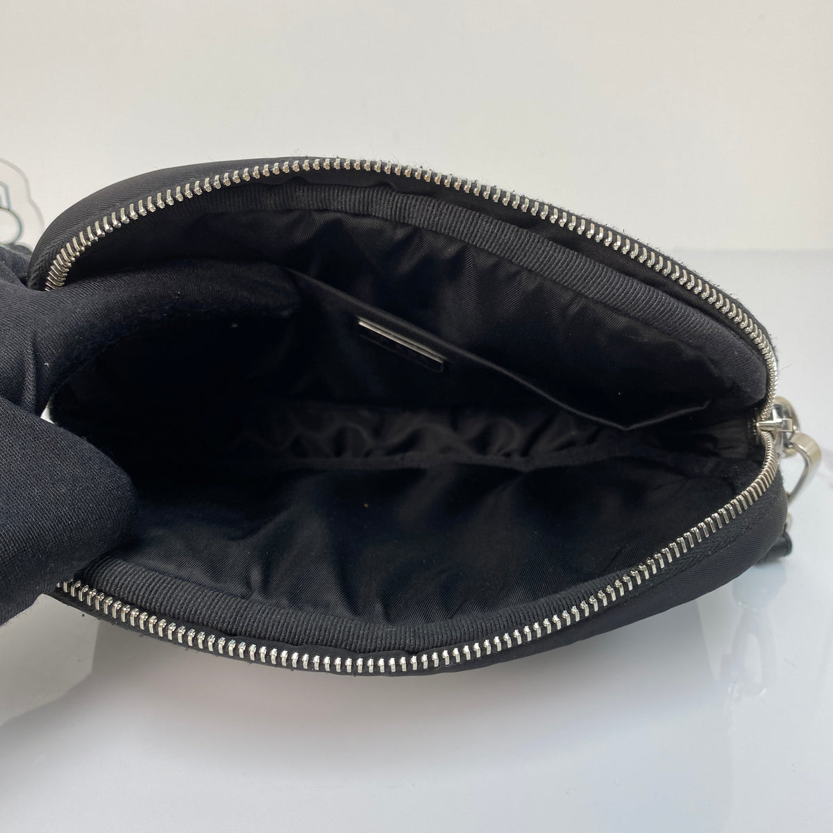Prada Re-Nylon Pouch, black Re-Nylon, silver-tone hardware — detail view 6