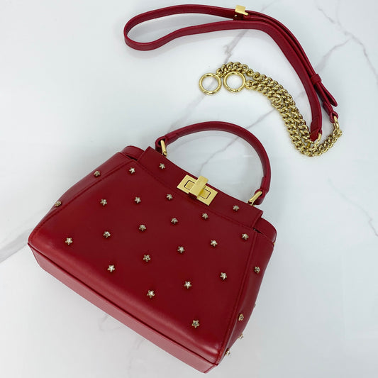 Fendi Nappa Crystal Stars XS Peekaboo &nbsp;Iconic Satchel Fragola - Lafayette Consignment