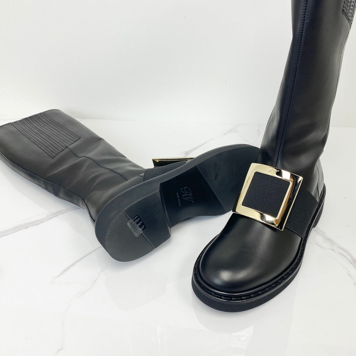 Roger Vivier Viv Rangers Leather Knee-High Boots, Black Calfskin, Gold Tone hardware — main image