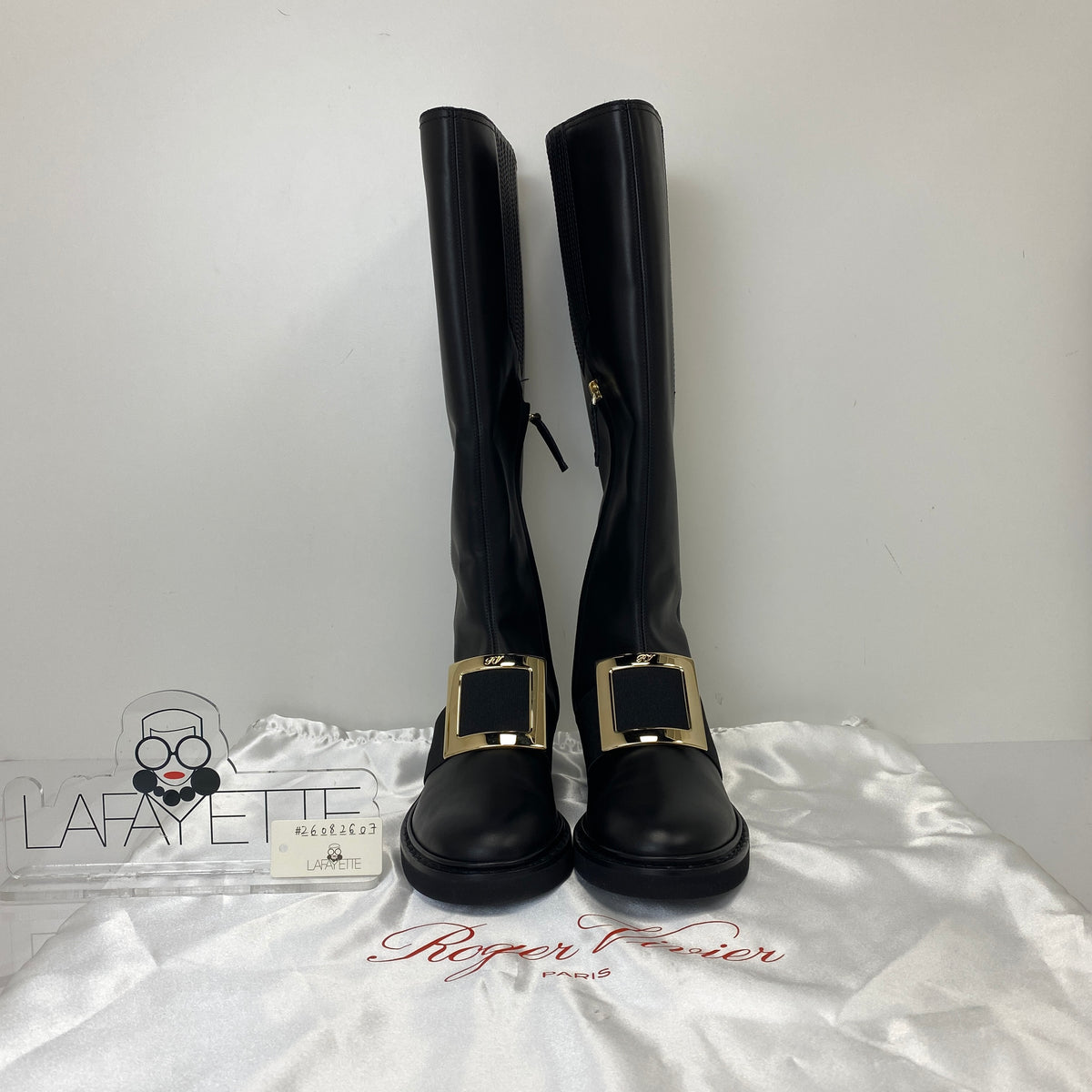 Roger Vivier Viv Rangers Leather Knee-High Boots, Black Calfskin, Gold Tone hardware — front view