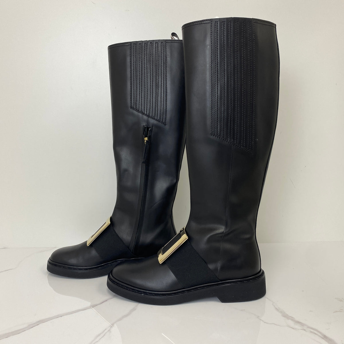 Roger Vivier Viv Rangers Leather Knee-High Boots, Black Calfskin, Gold Tone hardware — side view