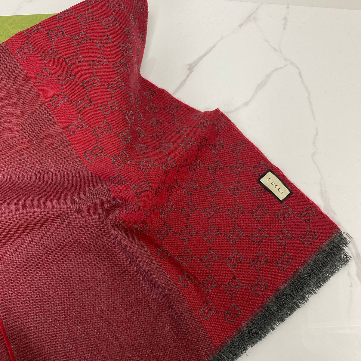 Gucci Reversible Wool Jacquard Scarf, Red/Gray 100%Wool — bottom view