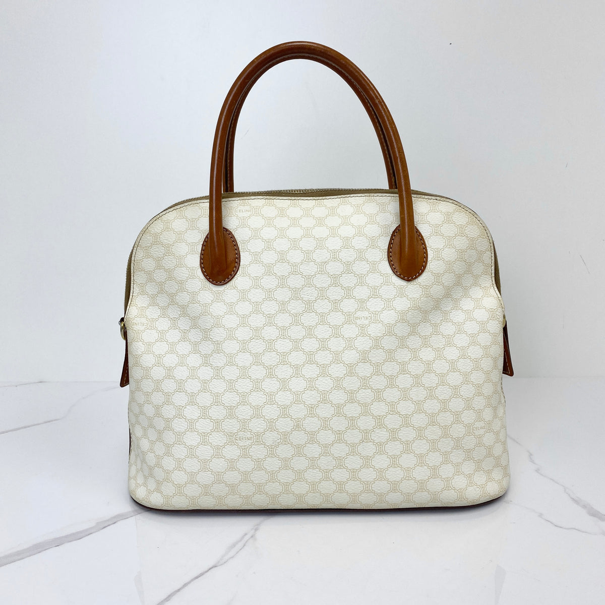 Celine Vintage Top Handle, White Macadam Triomphe Canvas, Gold Tone hardware — main image
