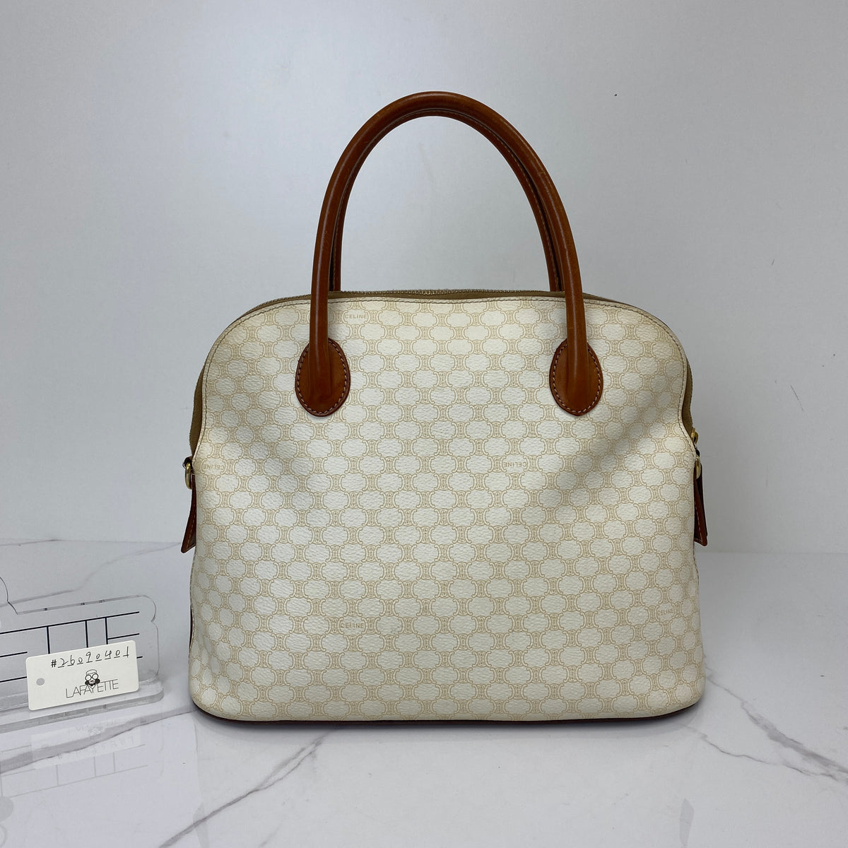 Celine Vintage Top Handle, White Macadam Triomphe Canvas, Gold Tone hardware — front view