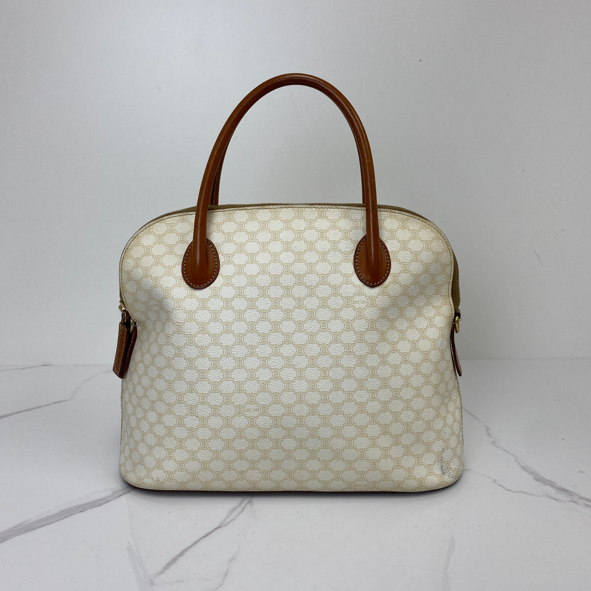 Celine Vintage Top Handle, White Macadam Triomphe Canvas, Gold Tone hardware — back view