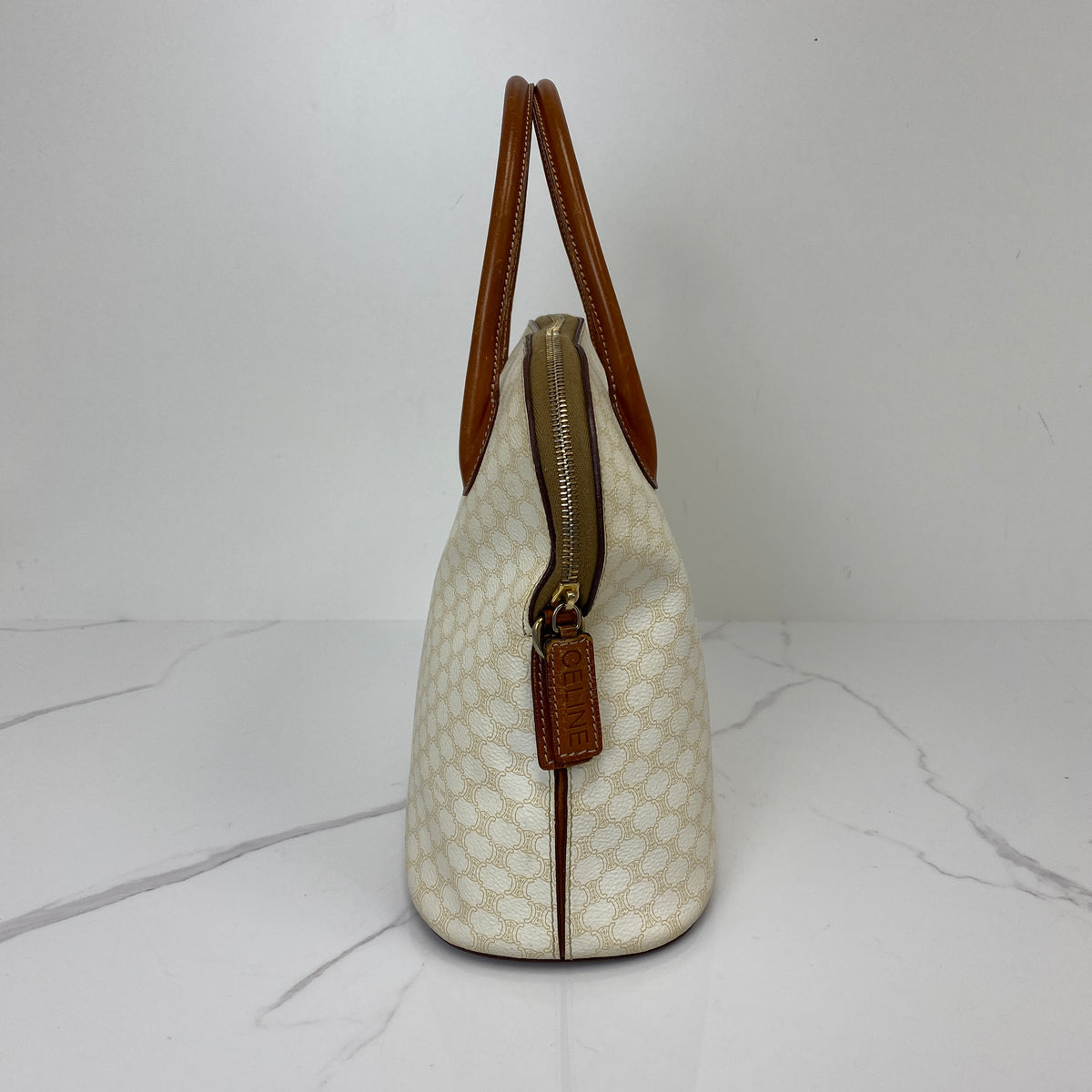 Celine Vintage Top Handle, White Macadam Triomphe Canvas, Gold Tone hardware — side view