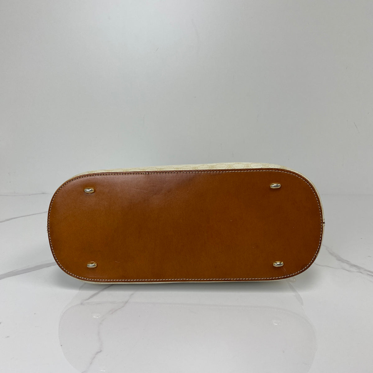Celine Vintage Top Handle, White Macadam Triomphe Canvas, Gold Tone hardware — bottom view