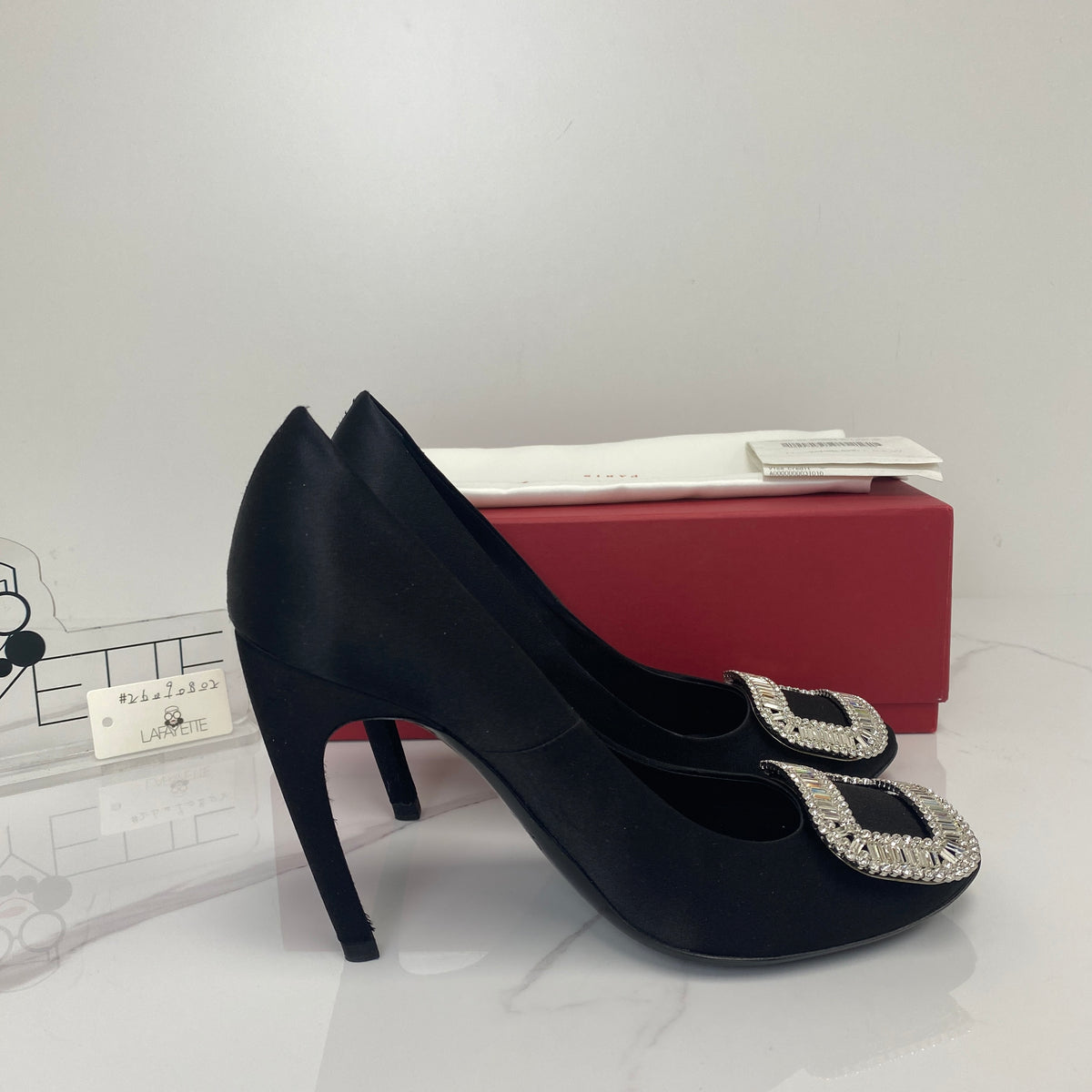 Roger Vivier Heels Black Crystal, Black Silk Blend Satin, Crystal hardware — front view