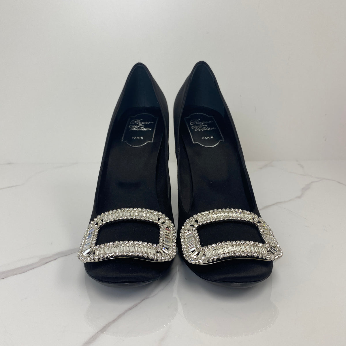 Roger Vivier Heels Black Crystal, Black Silk Blend Satin, Crystal hardware — back view