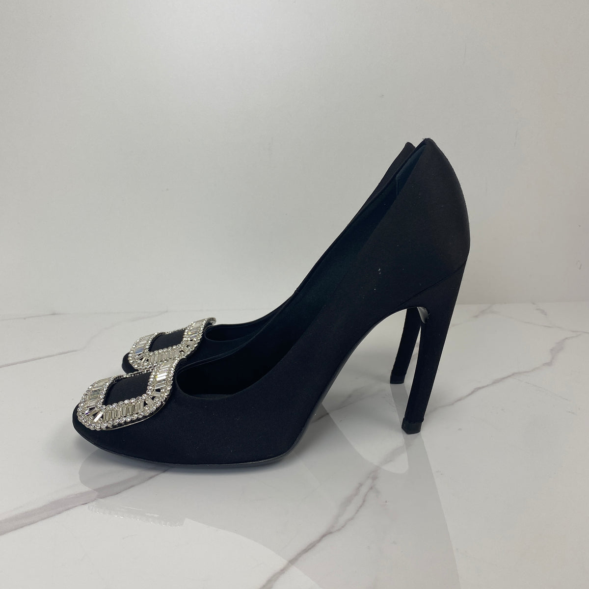 Roger Vivier Heels Black Crystal, Black Silk Blend Satin, Crystal hardware — side view