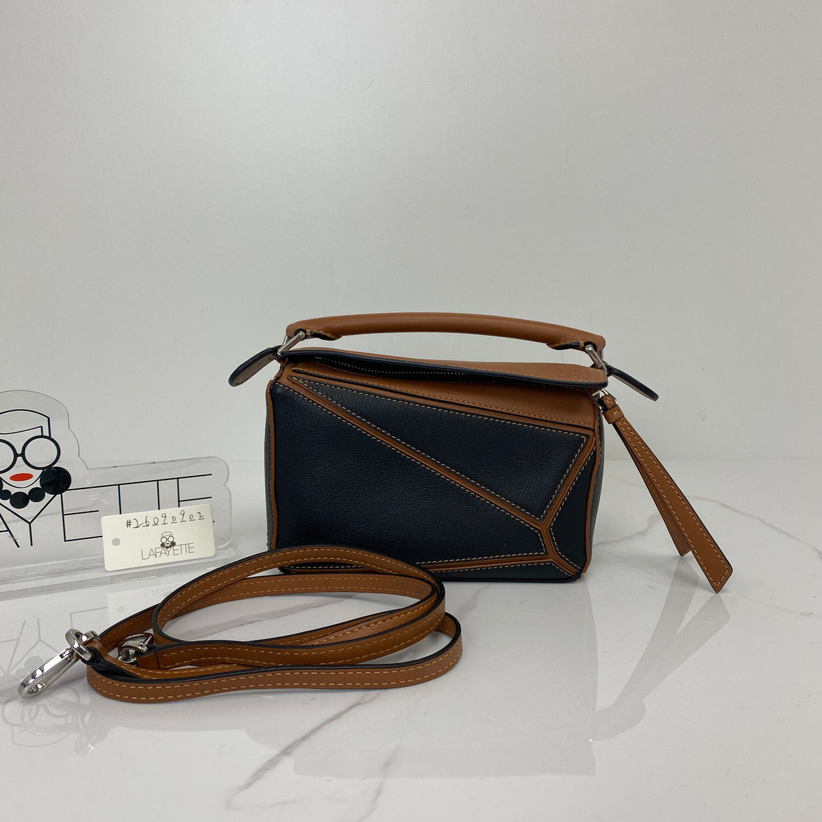 Loewe Mini puzzle, Black/Tan Soft Grained Calfskin, Silver Tone hardware — front view