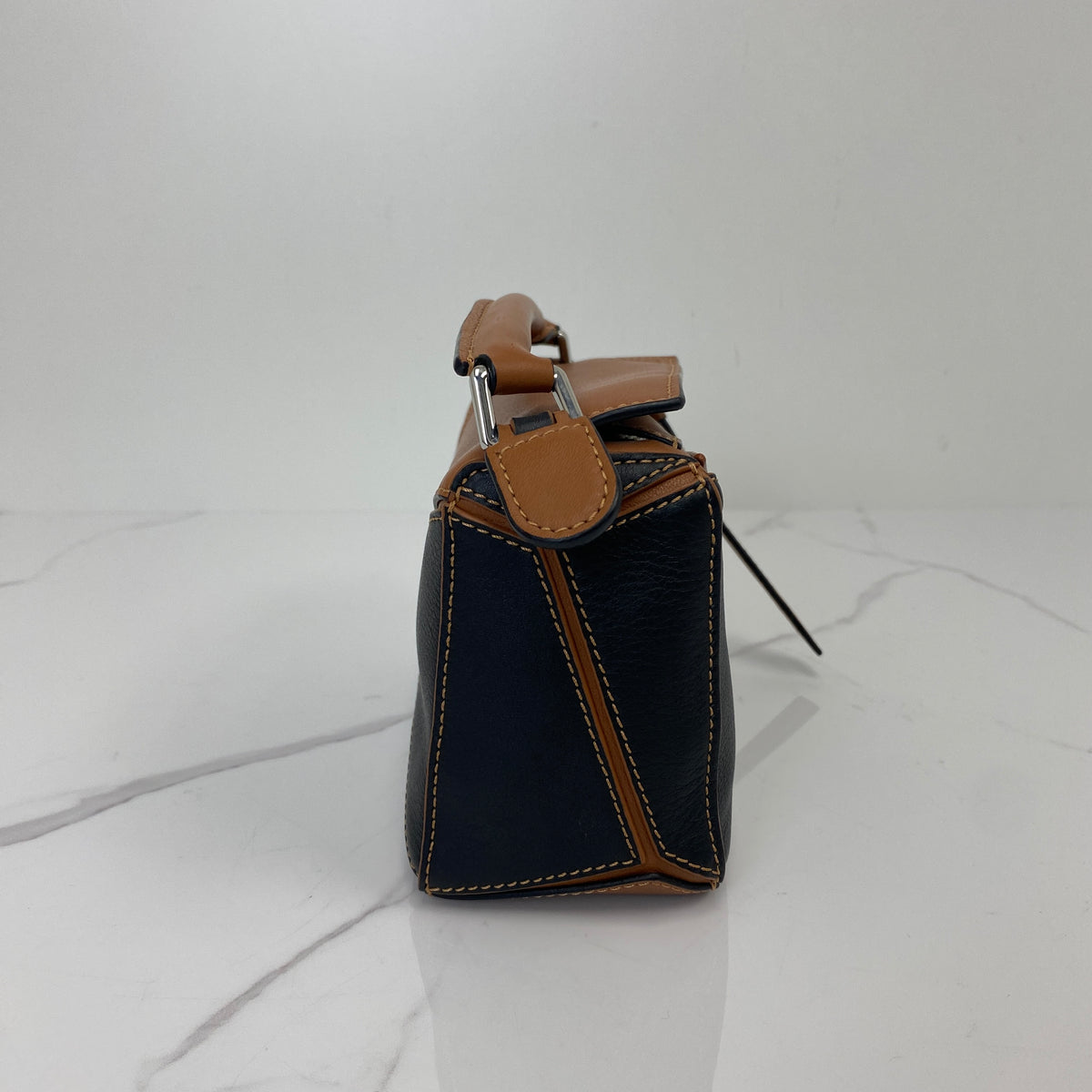Loewe Mini puzzle, Black/Tan Soft Grained Calfskin, Silver Tone hardware — back view