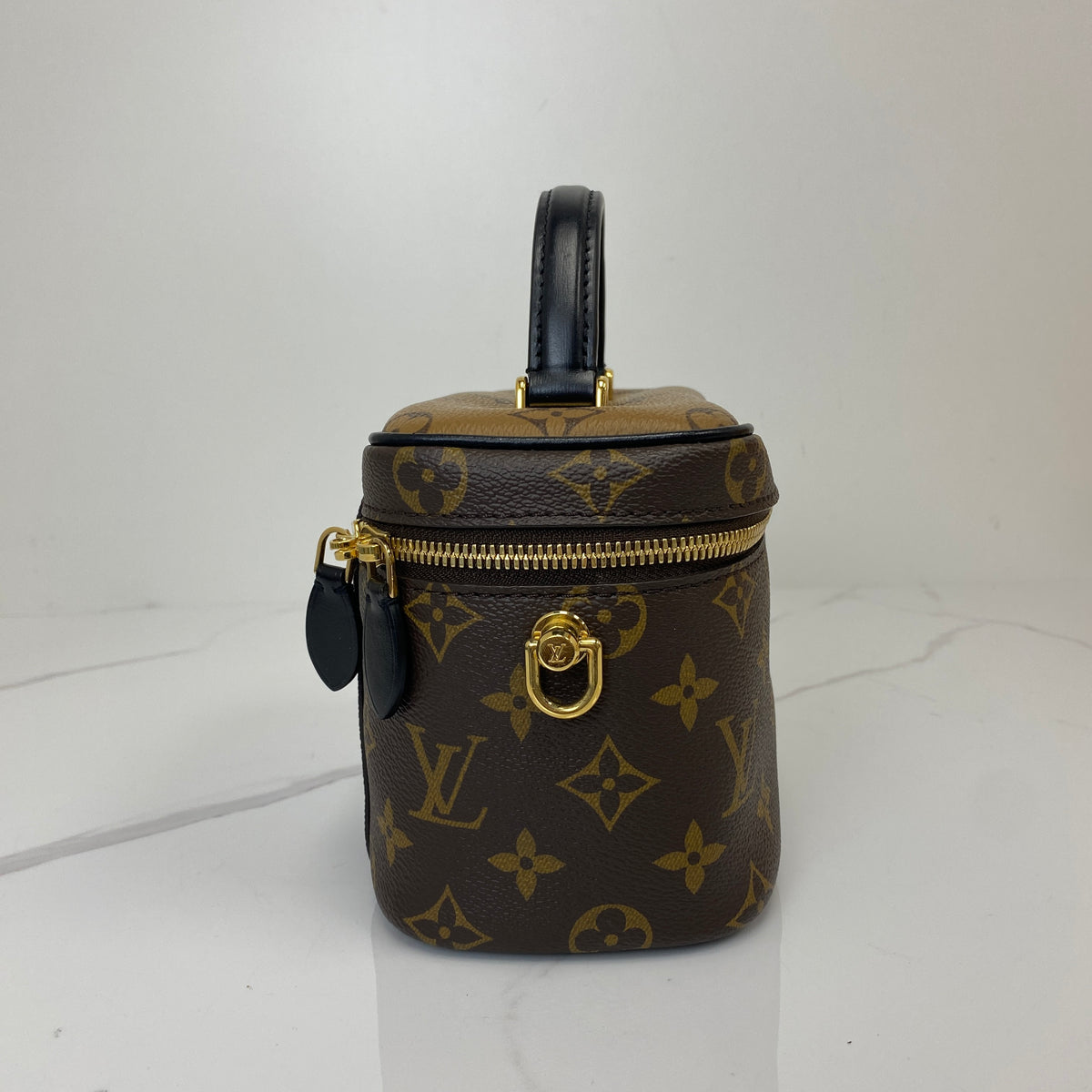 Louis Vuitton Vanity PM, Brown Monogram Coated Canvas, Gold Tone hardware — side view