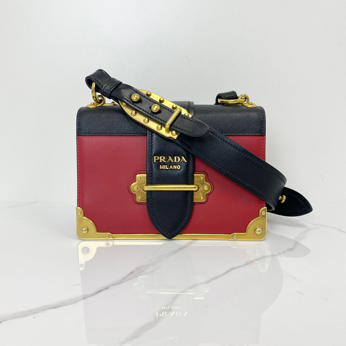 Prada Cahier Leather Bag, Black/Red Calfskin/Saffinano, Gold Tone hardware — main image