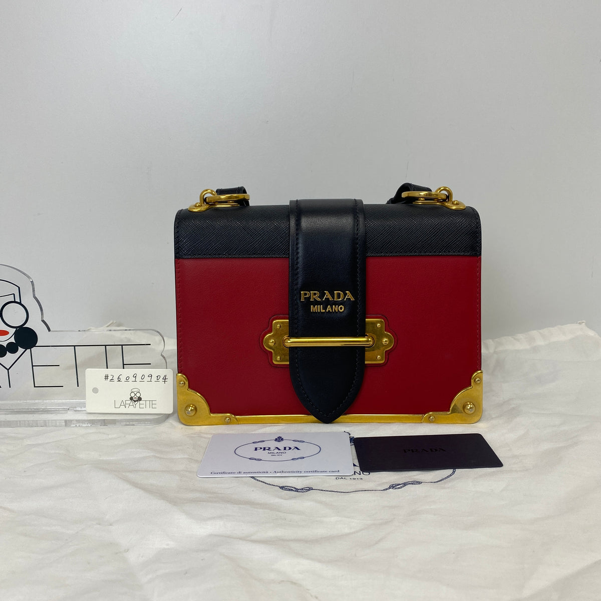 Prada Cahier Leather Bag, Black/Red Calfskin/Saffinano, Gold Tone hardware — front view