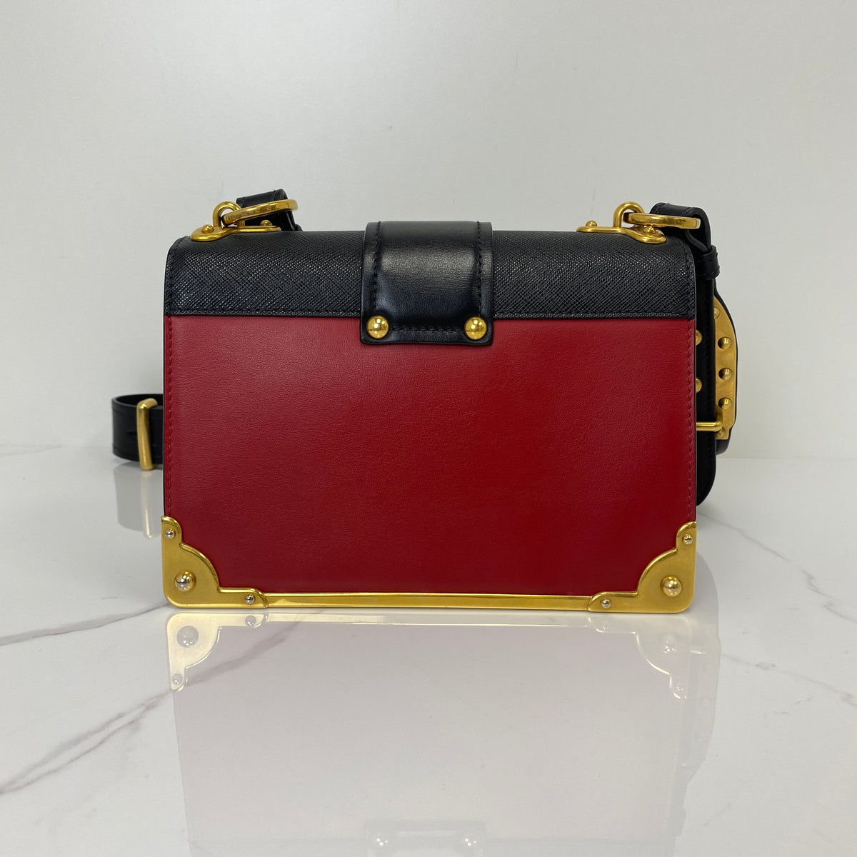 Prada Cahier Leather Bag, Black/Red Calfskin/Saffinano, Gold Tone hardware — back view