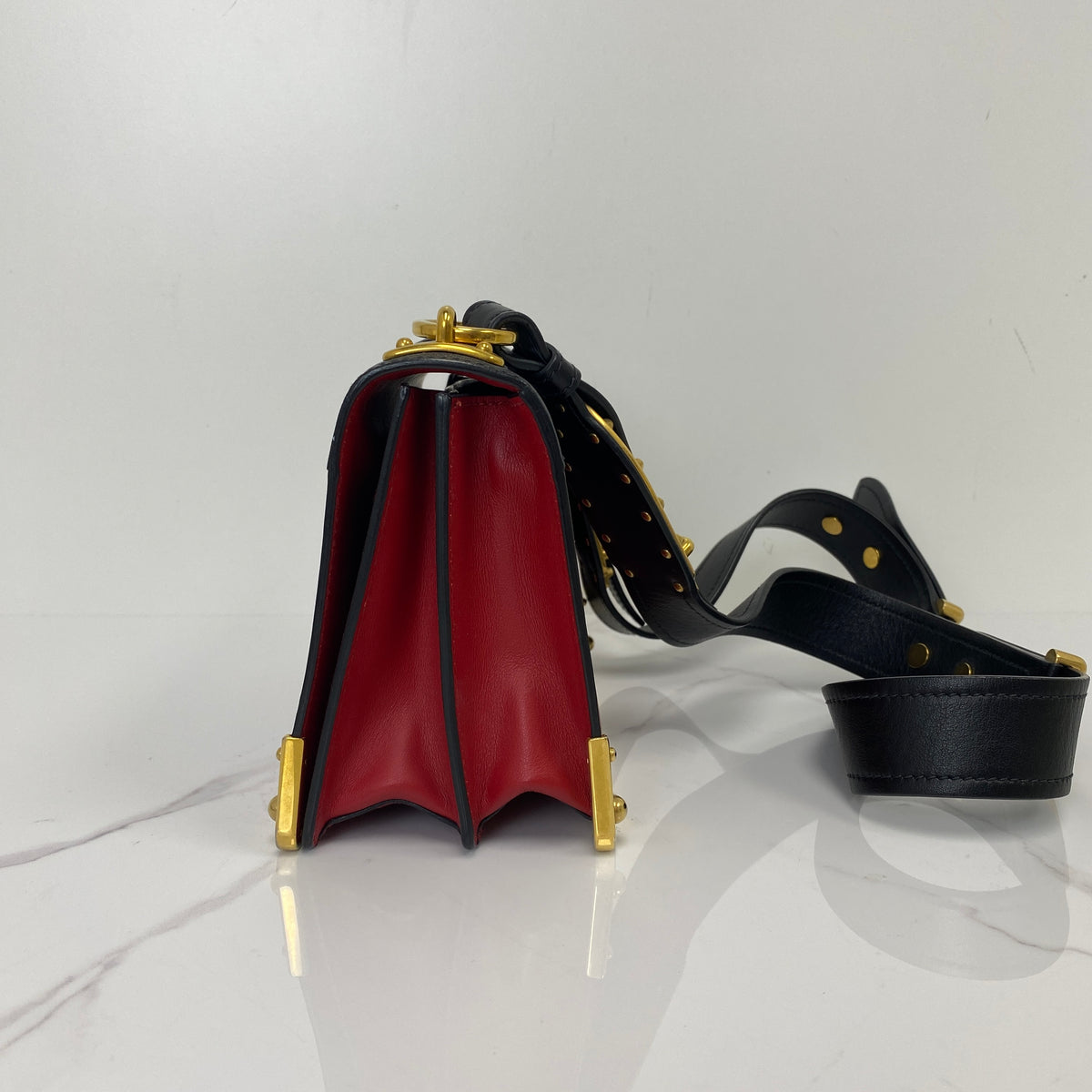 Prada Cahier Leather Bag, Black/Red Calfskin/Saffinano, Gold Tone hardware — side view