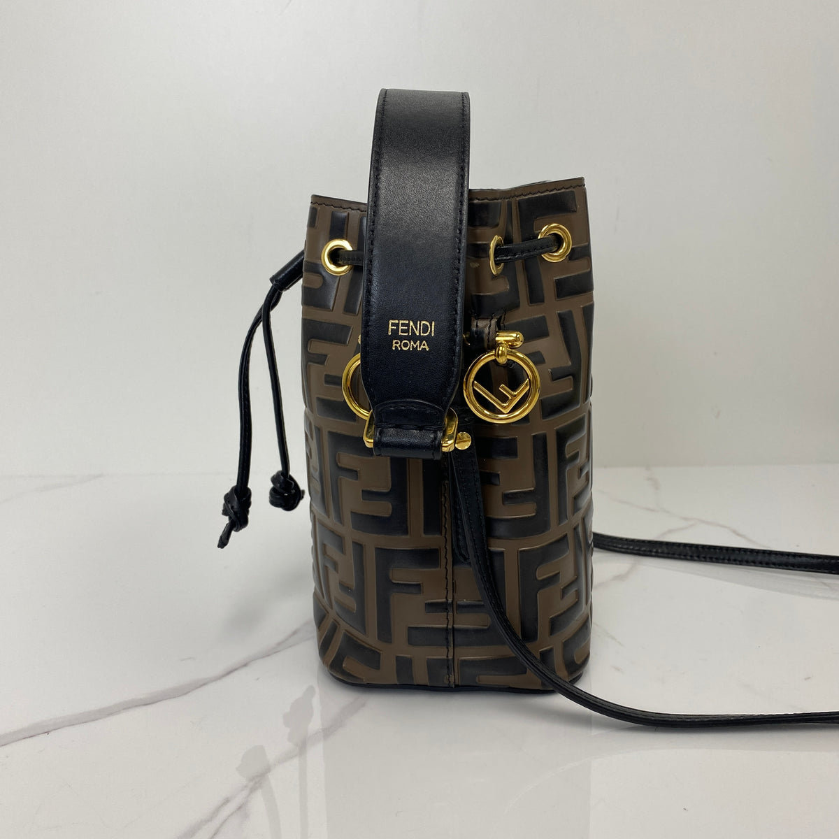 Fendi Mon Tresor Bucket Bag, Black/Brown Calfskin, Gold Tone hardware — side view