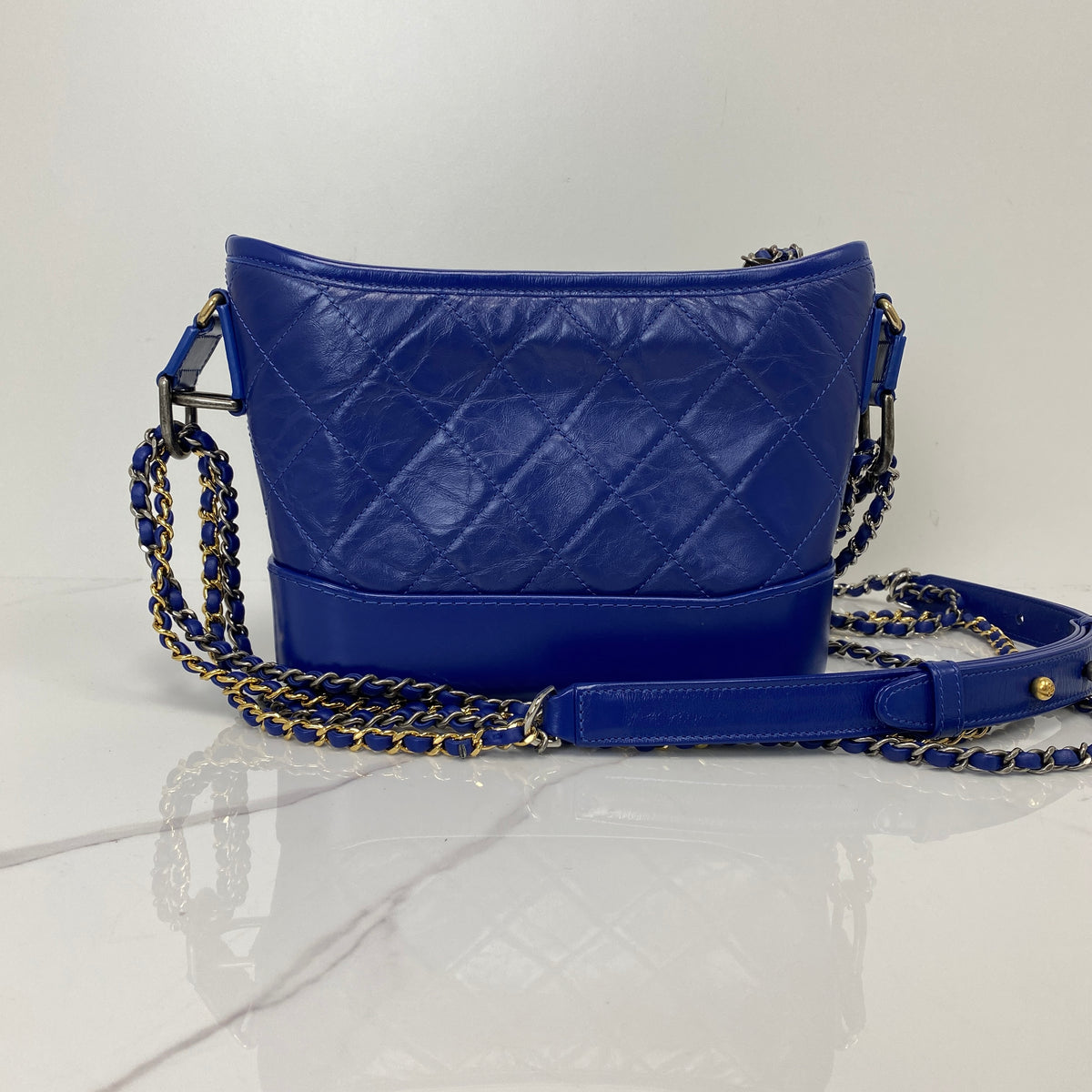 Chanel Small Gabrielle Hobo Bag, Blue Aged Calfskin, Multicolor hardware — back view