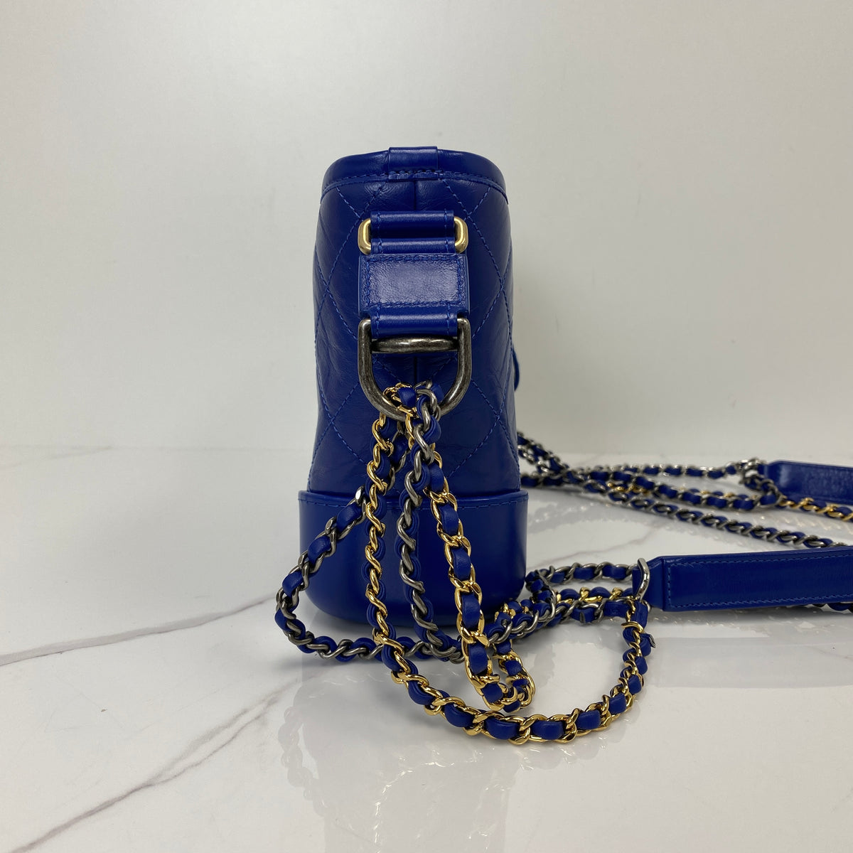 Chanel Small Gabrielle Hobo Bag, Blue Aged Calfskin, Multicolor hardware — side view