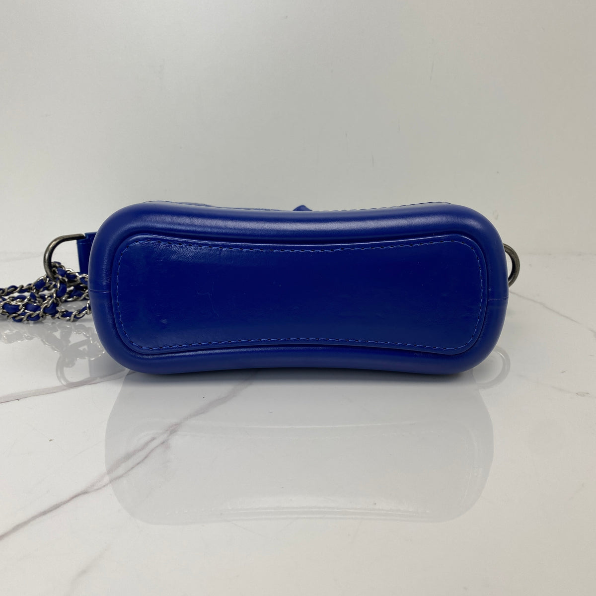 Chanel Small Gabrielle Hobo Bag, Blue Aged Calfskin, Multicolor hardware — bottom view