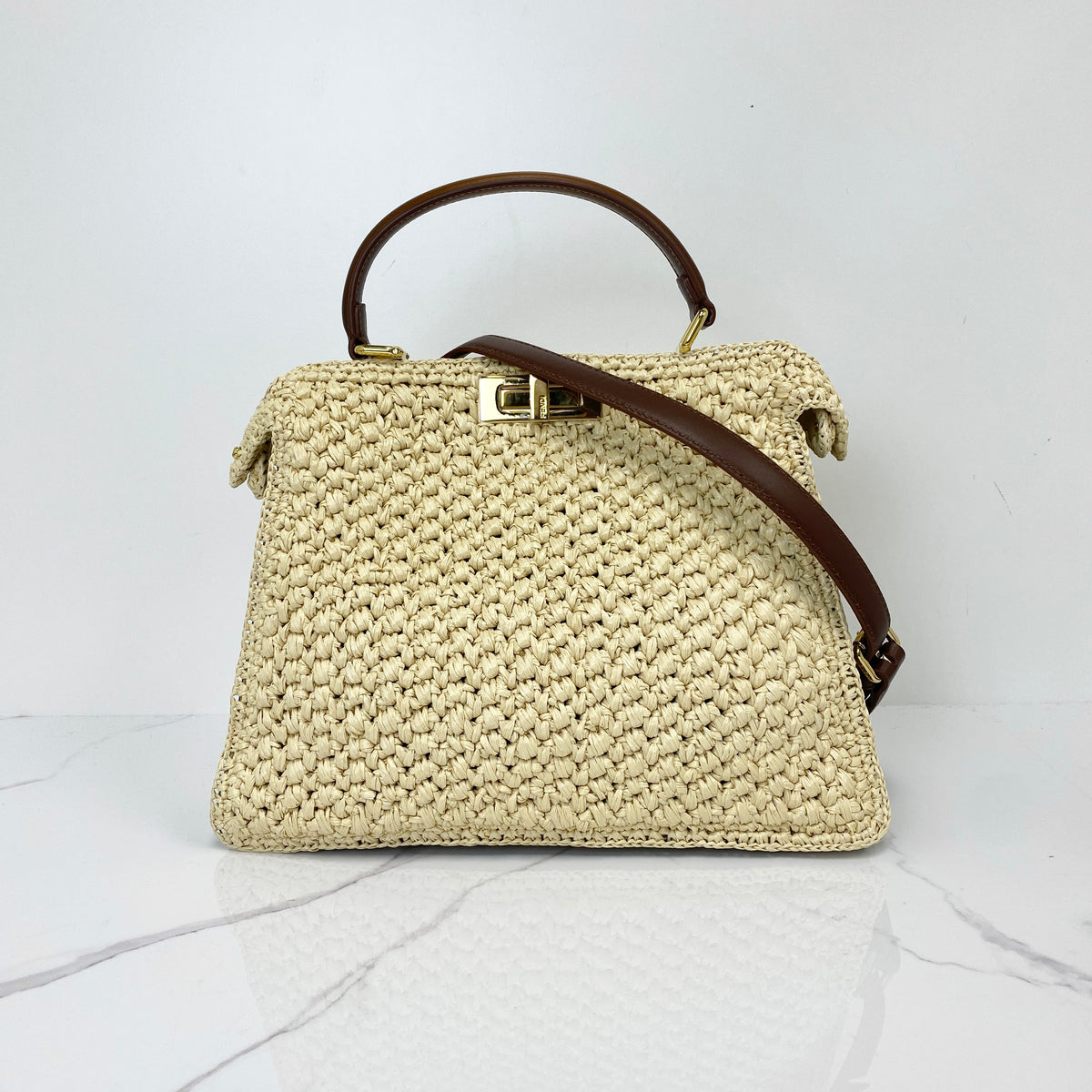 Fendi Peekaboo Handbag, Beige Raffia-Effect/Calfskin, Gold Tone hardware — main image