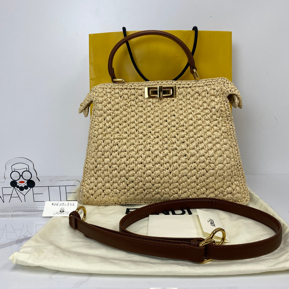 Fendi Peekaboo Handbag, Beige Raffia-Effect/Calfskin, Gold Tone hardware — front view