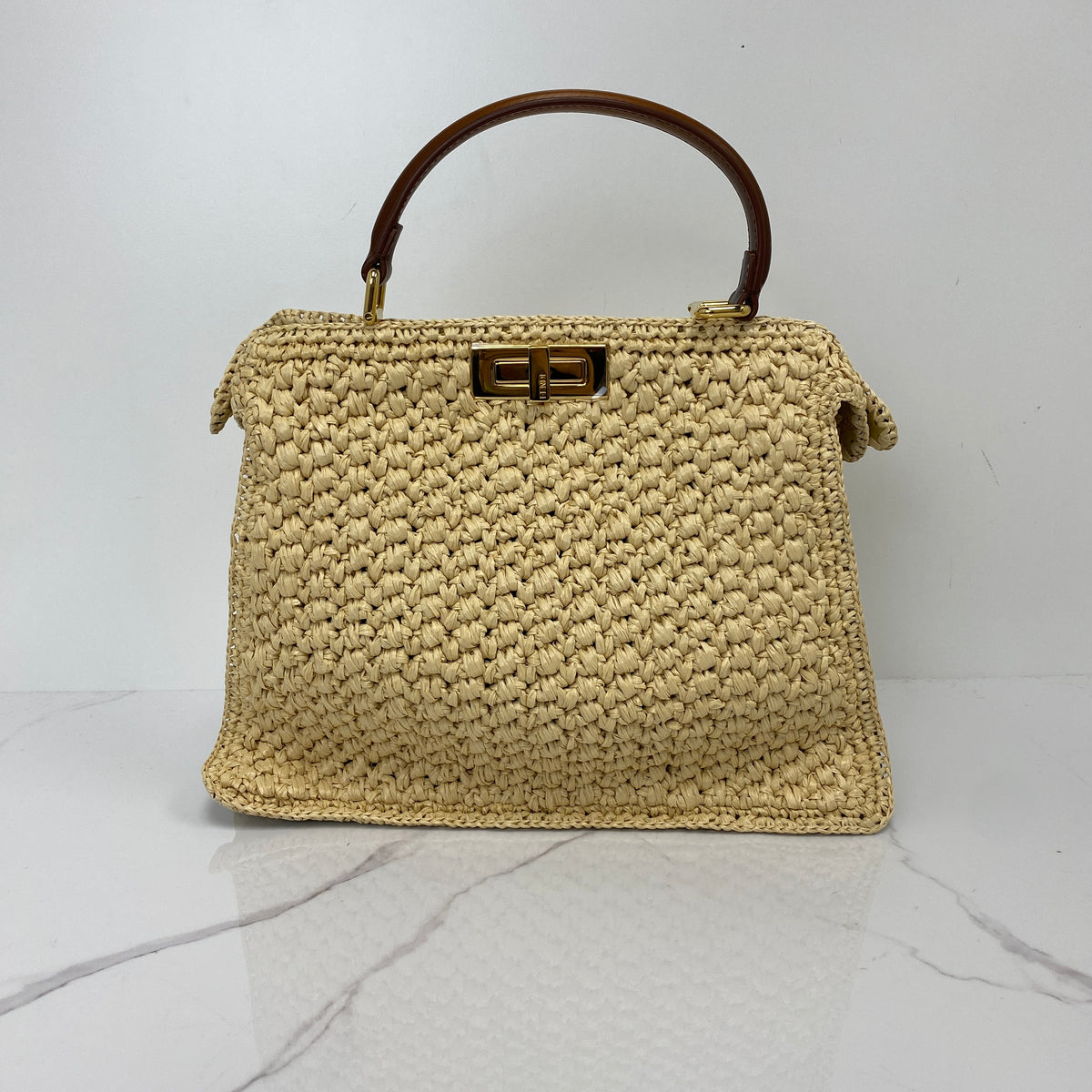 Fendi Peekaboo Handbag, Beige Raffia-Effect/Calfskin, Gold Tone hardware — back view