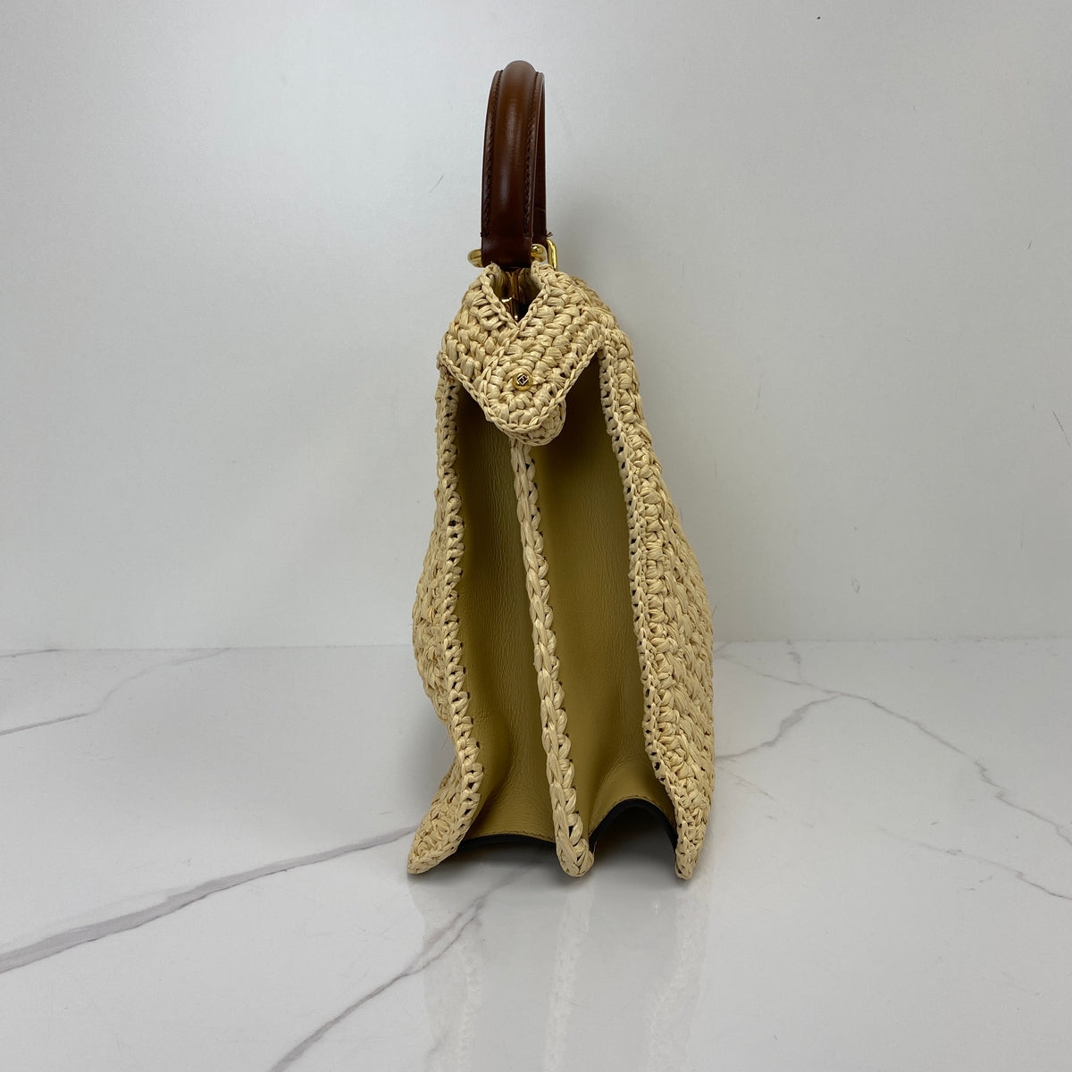 Fendi Peekaboo Handbag, Beige Raffia-Effect/Calfskin, Gold Tone hardware — side view