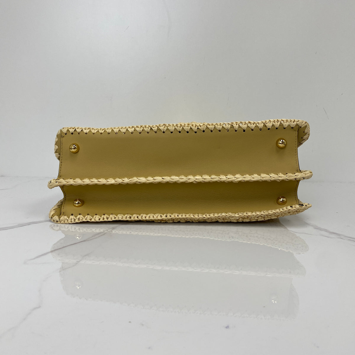 Fendi Peekaboo Handbag, Beige Raffia-Effect/Calfskin, Gold Tone hardware — bottom view