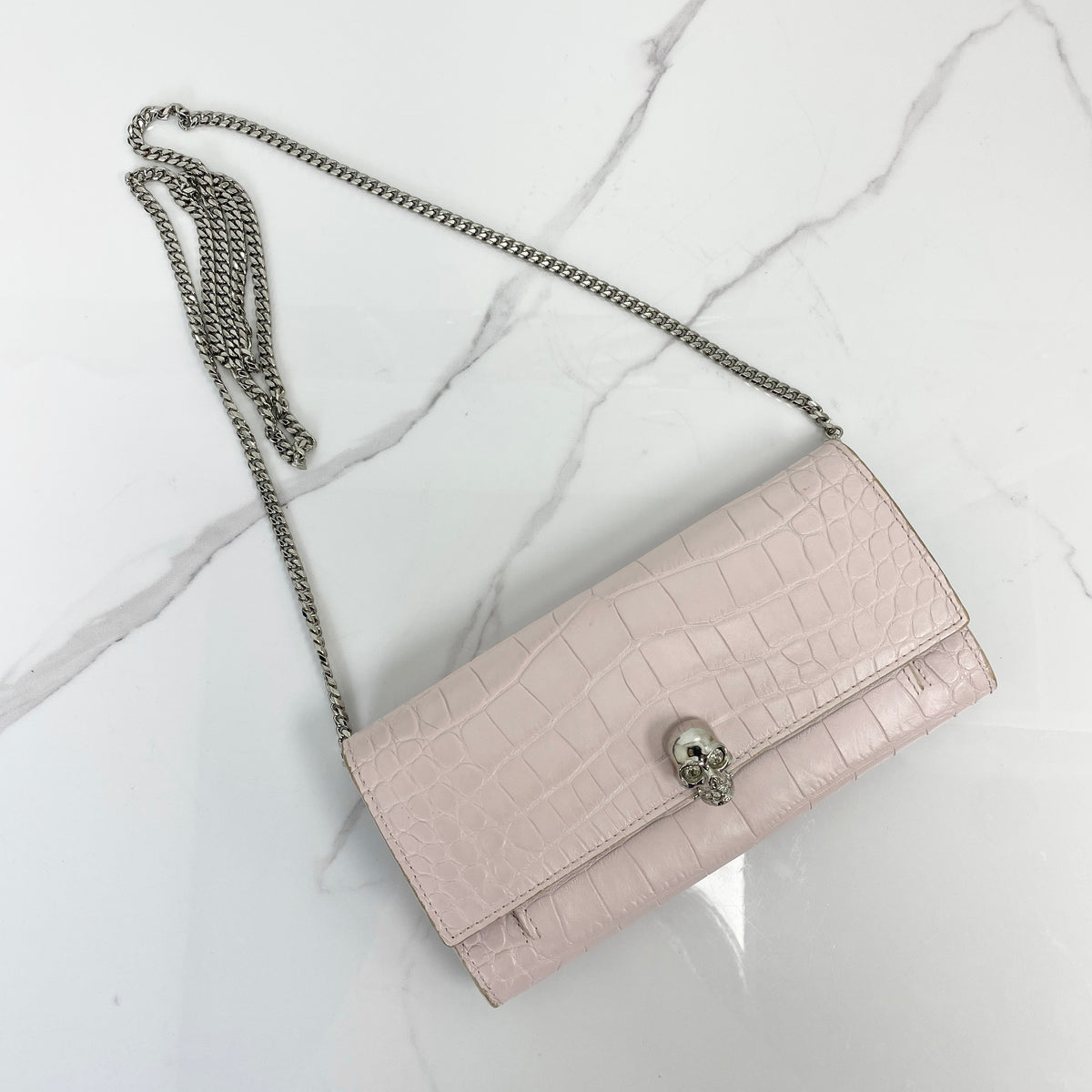 Alexander McQueen Wallet on Chain, Baby Pink Crocodile-Embossed Leather, Silver Tone hardware — main image