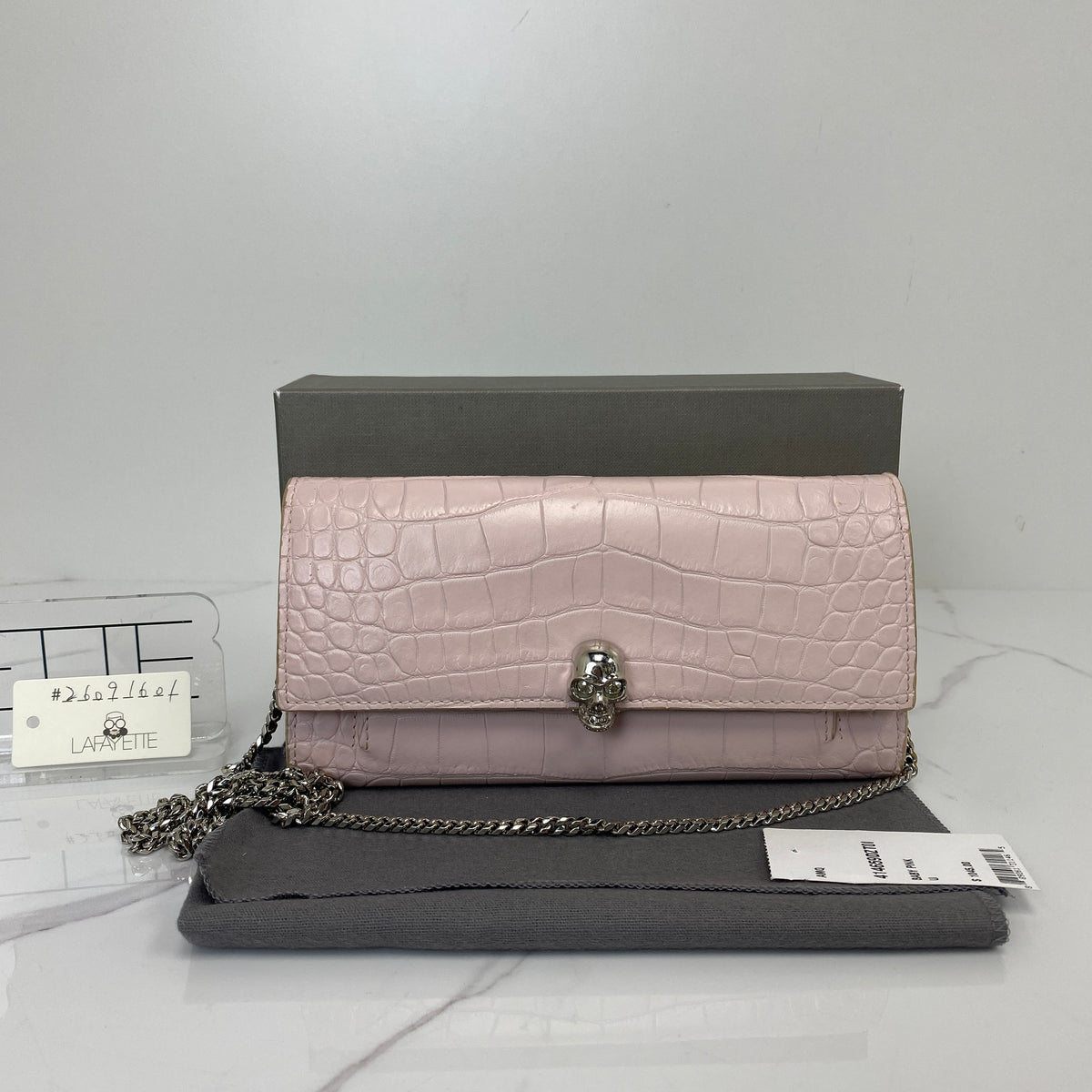 Alexander McQueen Wallet on Chain, Baby Pink Crocodile-Embossed Leather, Silver Tone hardware — front view
