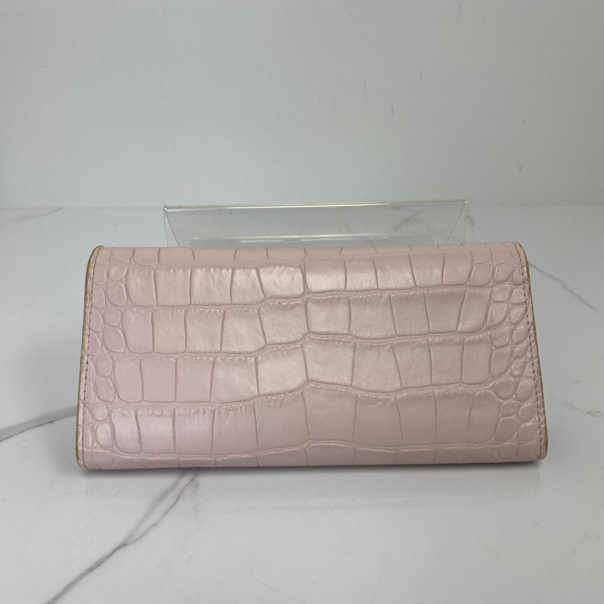 Alexander McQueen Wallet on Chain, Baby Pink Crocodile-Embossed Leather, Silver Tone hardware — back view