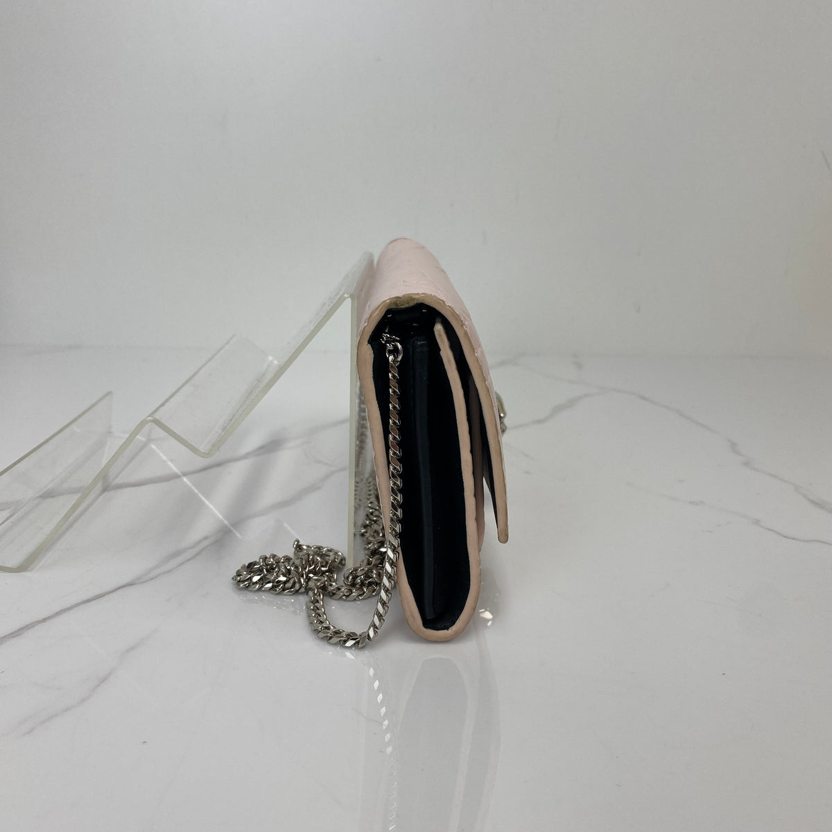 Alexander McQueen Wallet on Chain, Baby Pink Crocodile-Embossed Leather, Silver Tone hardware — side view