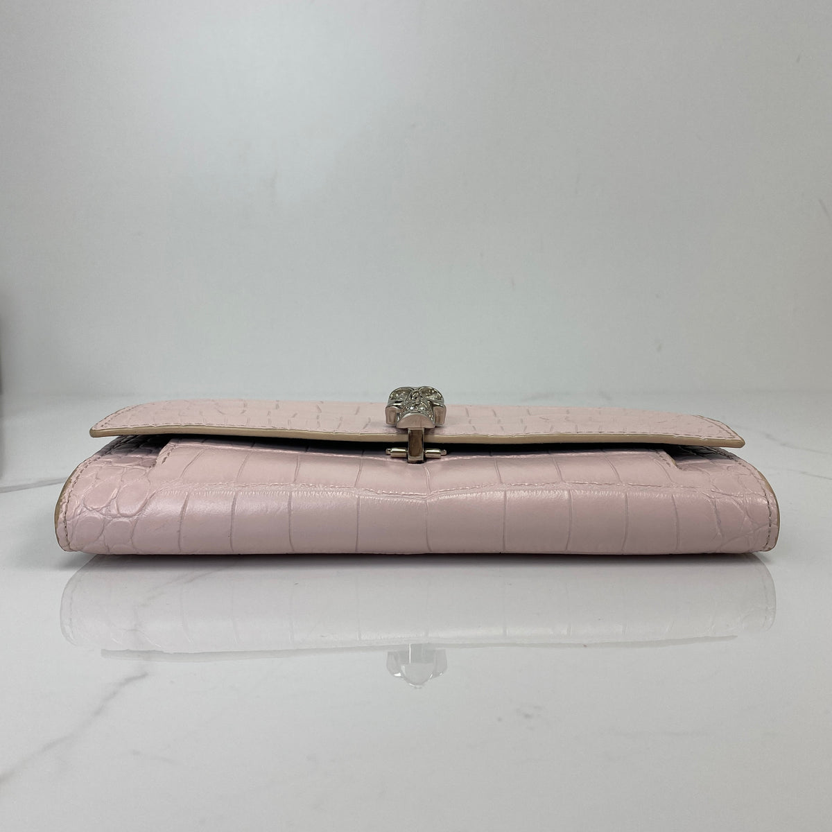 Alexander McQueen Wallet on Chain, Baby Pink Crocodile-Embossed Leather, Silver Tone hardware — bottom view