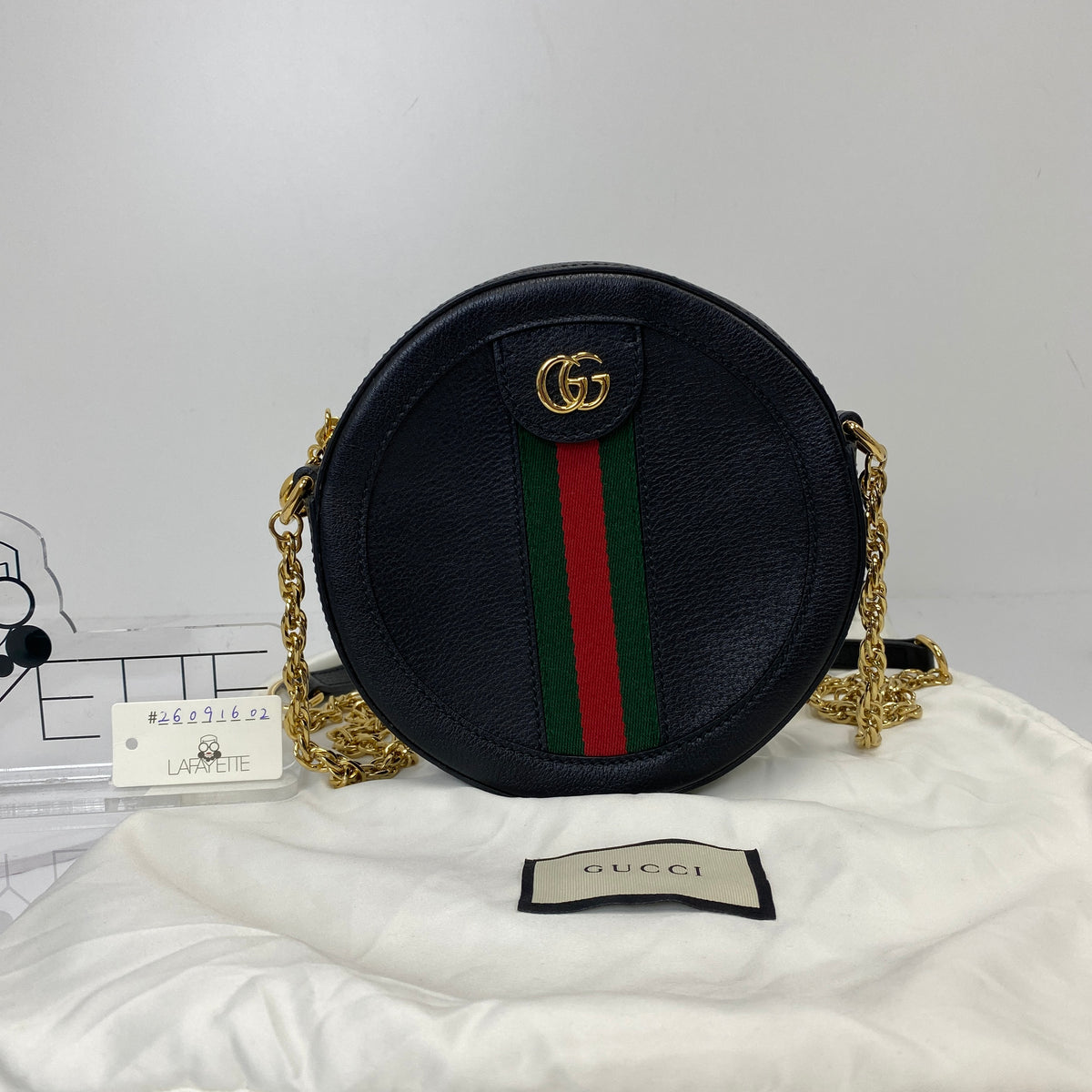 Gucci Monogram Crossbody Bag, Black Calfskin, Gold Tone hardware — front view