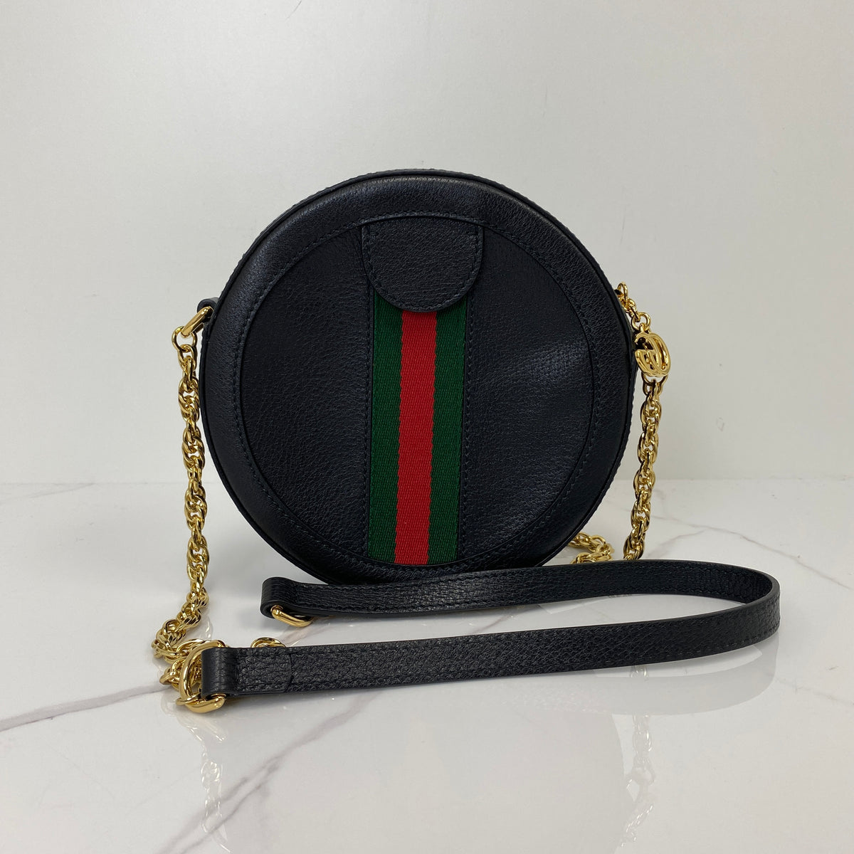 Gucci Monogram Crossbody Bag, Black Calfskin, Gold Tone hardware — back view