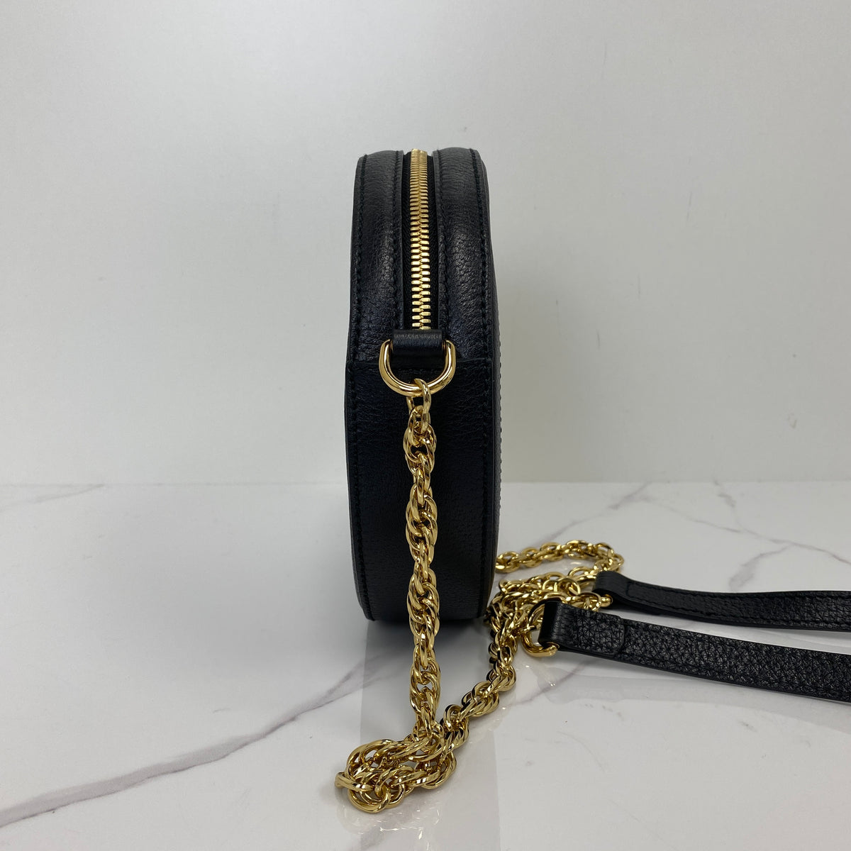 Gucci Monogram Crossbody Bag, Black Calfskin, Gold Tone hardware — side view