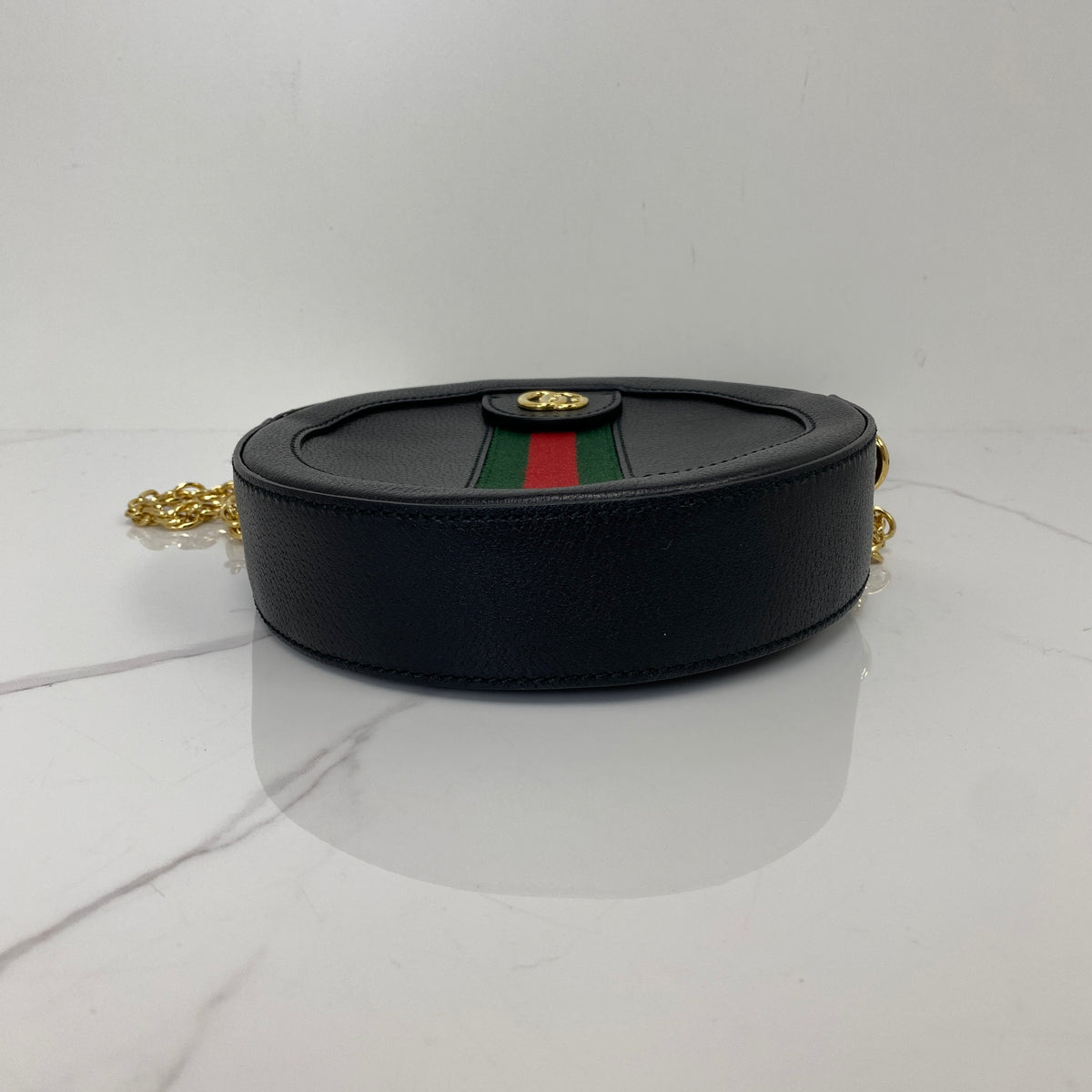 Gucci Monogram Crossbody Bag, Black Calfskin, Gold Tone hardware — bottom view